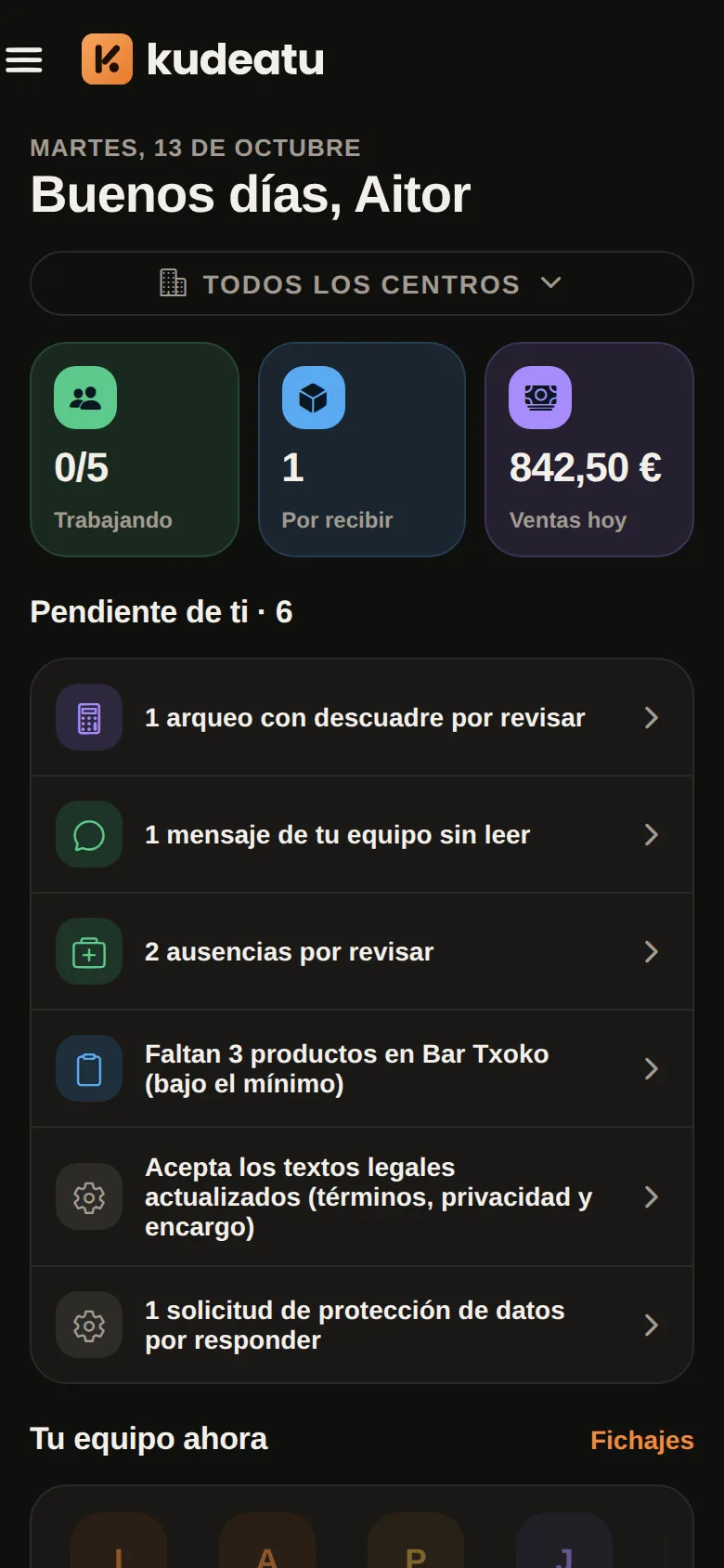 Pantalla de inicio de Kudeatu: quién está trabajando, pedidos por recibir, ventas de hoy y lo que tienes pendiente.